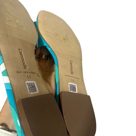 Larroude Ivy Flat Slide Mule Sandal 6.5 Wavy Print Patent Bright Turquoise Blue - Picture 6 of 7